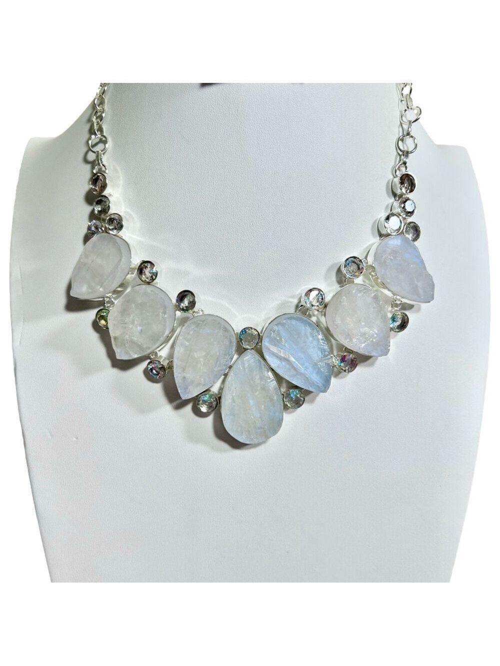Rainbow Moonstone 925 Silver Overlay Large Gemstone Necklace Pear Shapes